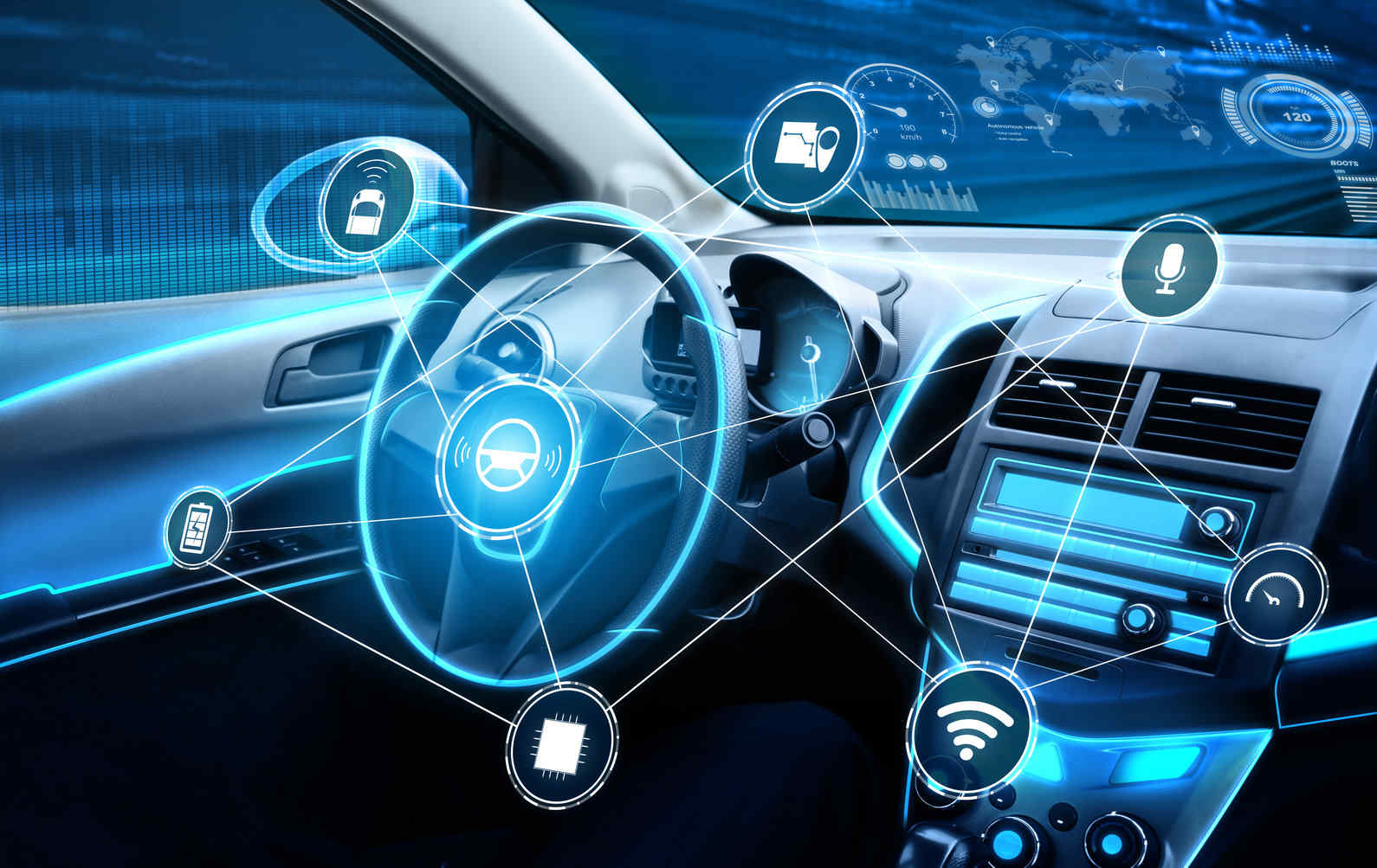 A dashboard view of a modern car showing safety sensors and a clear highway ahead symbolizing protection